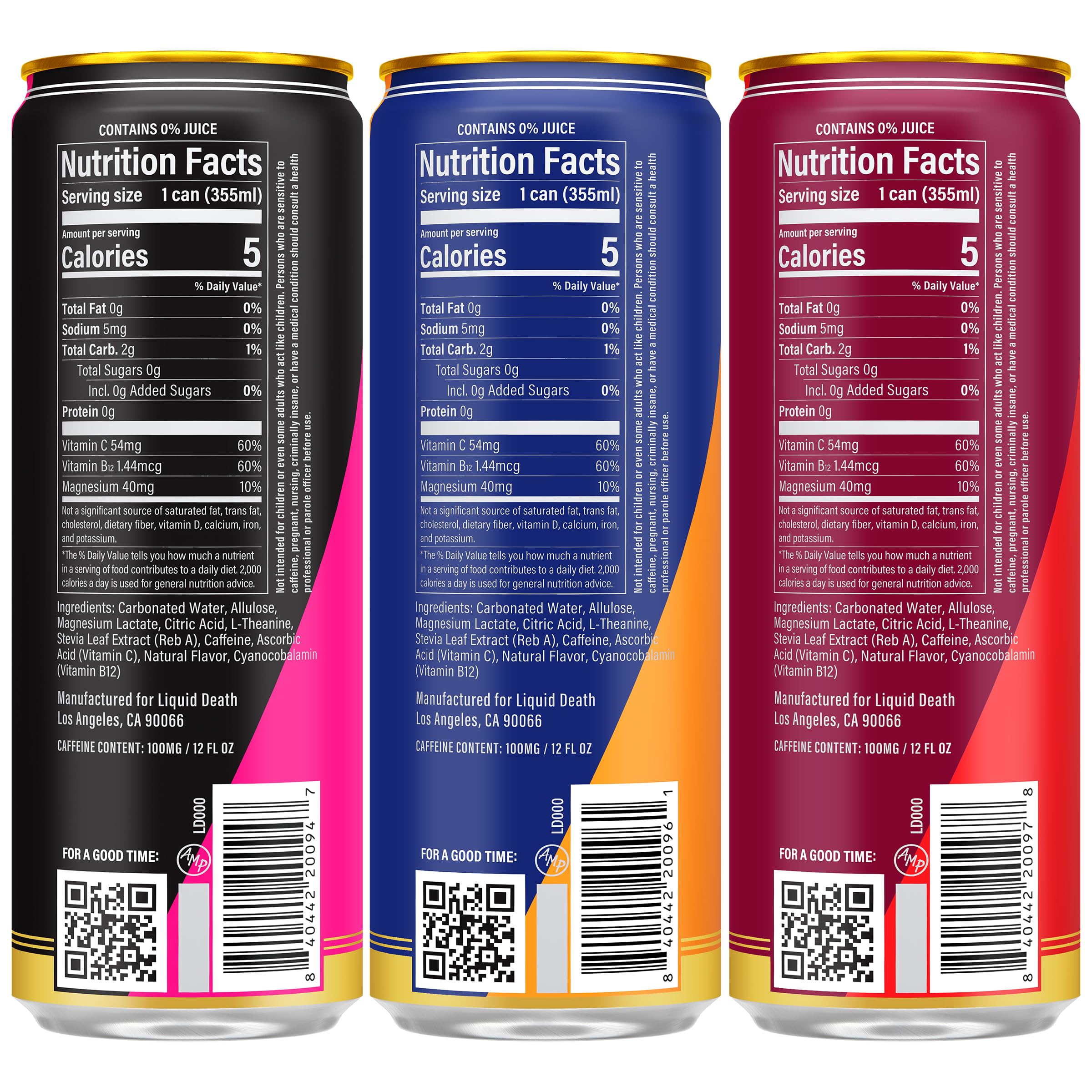 Liquid Death Sparkling Energy Variety Pack, Zero Sugar Energy Drink, Unextreme Caffeine 100mg, Essential Vitamins, 3 Flavors: Strawberry, Orange, and Murder Mystery, 12 Fl Oz (Pack of 12)