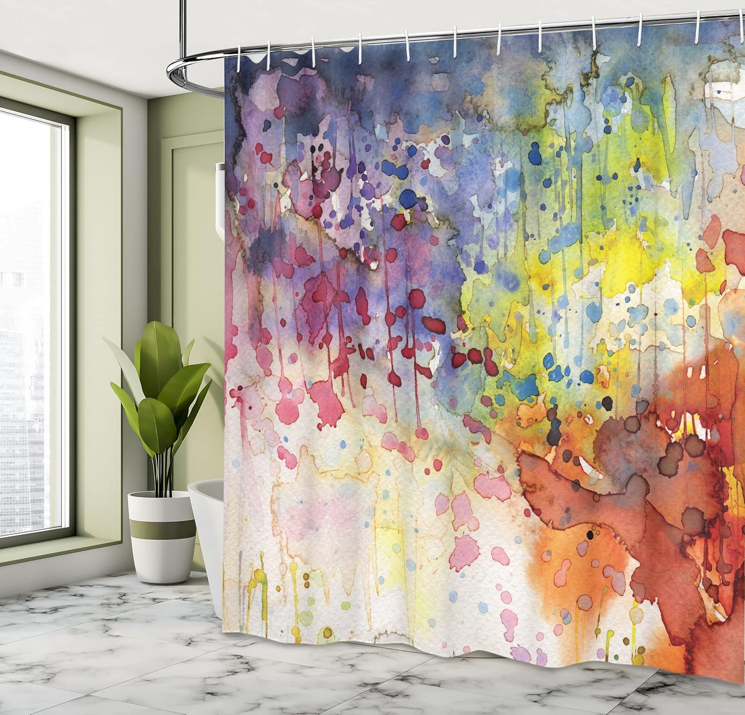 Ambesonne Abstract Shower Curtain, Grunge Style Dirty Look Colorful Watercolor Spots Liquid Splashes, Cloth Fabric Bathroom Decor Set with Hooks, 69" W x 70" L, Multicolor