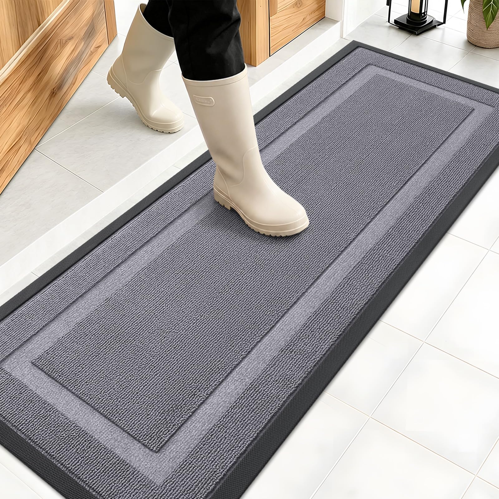 OLANLY Front Door Mat Outside 47x17, All-Season Heavy-Duty Rubber Doormat | Classic Gray, Absorbent, Stain and Fade Resistant, Non-Slip Backing, Low-Profile Indoor Outdoor Floor Mat for Entryway