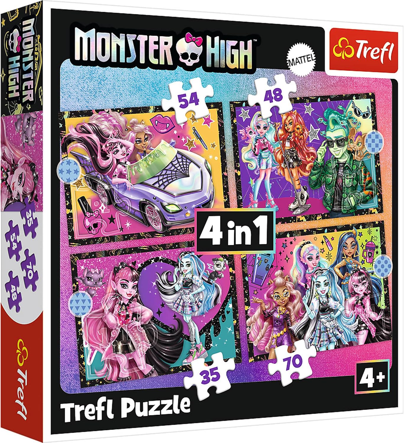 Trefl, Monster High 4-in-1 Electrifying Day, 4 Puzzles, from 35 to 70 Pieces - Different Difficulty Levels, for Children from 4 Years, 34655, Multicoloured