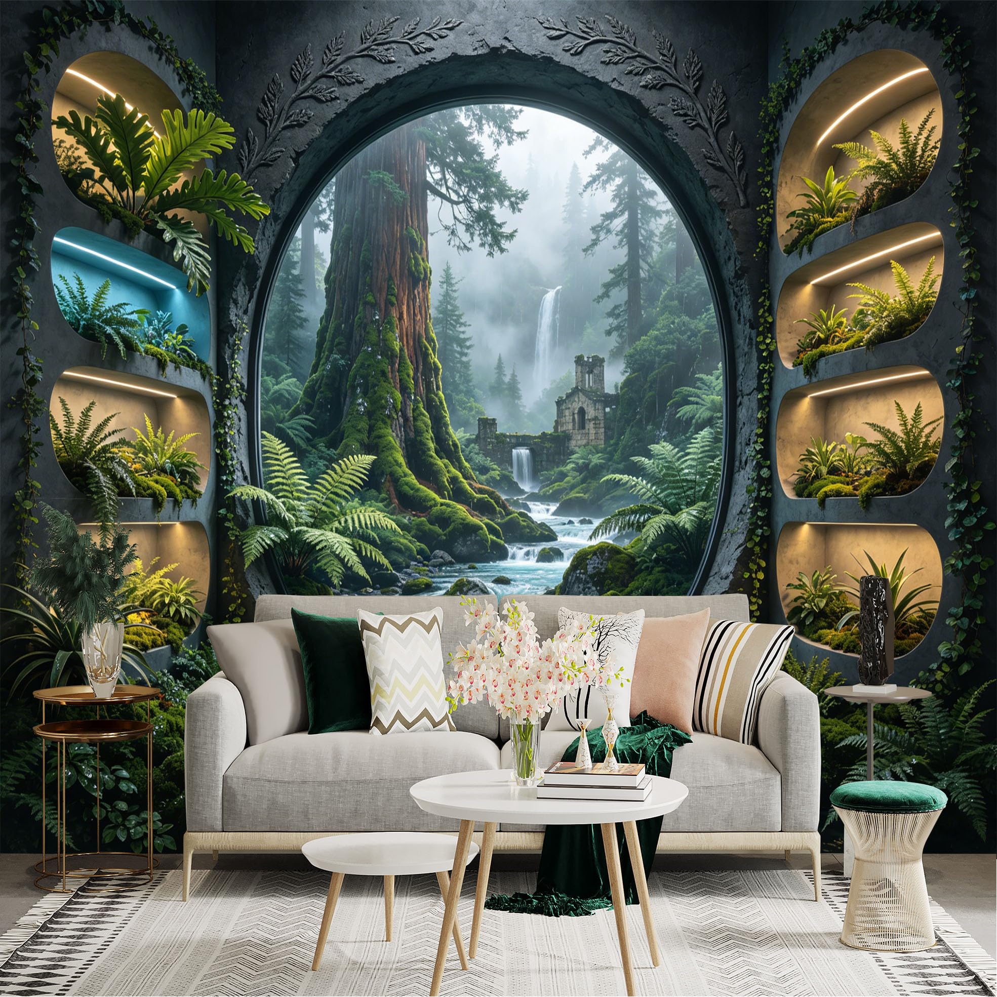 Lnzczhyre Dbh260521258 Custom Size Wall Sticker Mural， Enchanted Forest View， Misty Waterfall， Ancient Stone Ruins， Lush Ferns And Mossy River， For Wall Decoration， Peelandstick Wall Decals.
