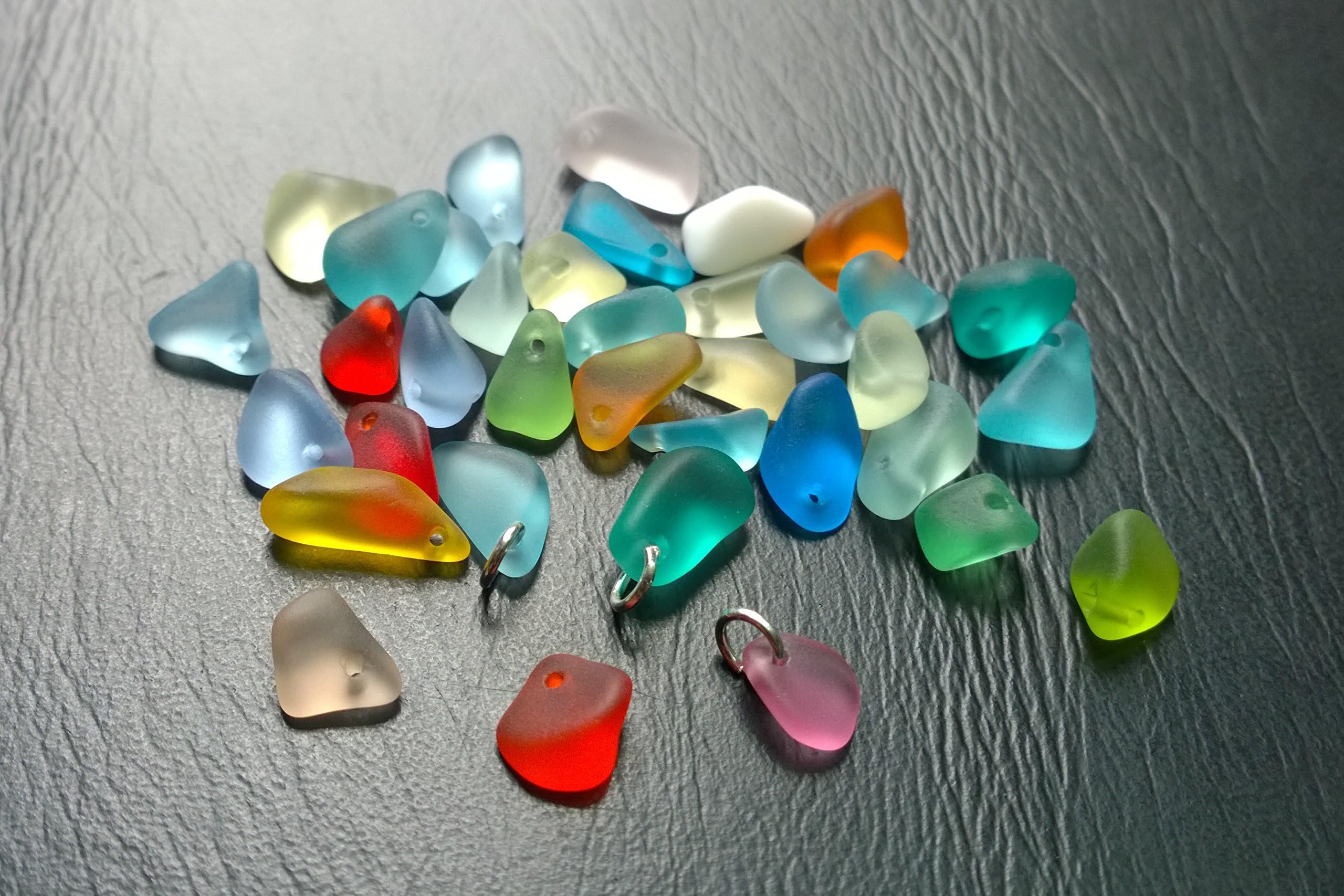 JCT ECO Mini Beach Sea Glass Drilled Beads, 6-8mm, 12-Pieces with 5mm Jump-rings for Each Bead