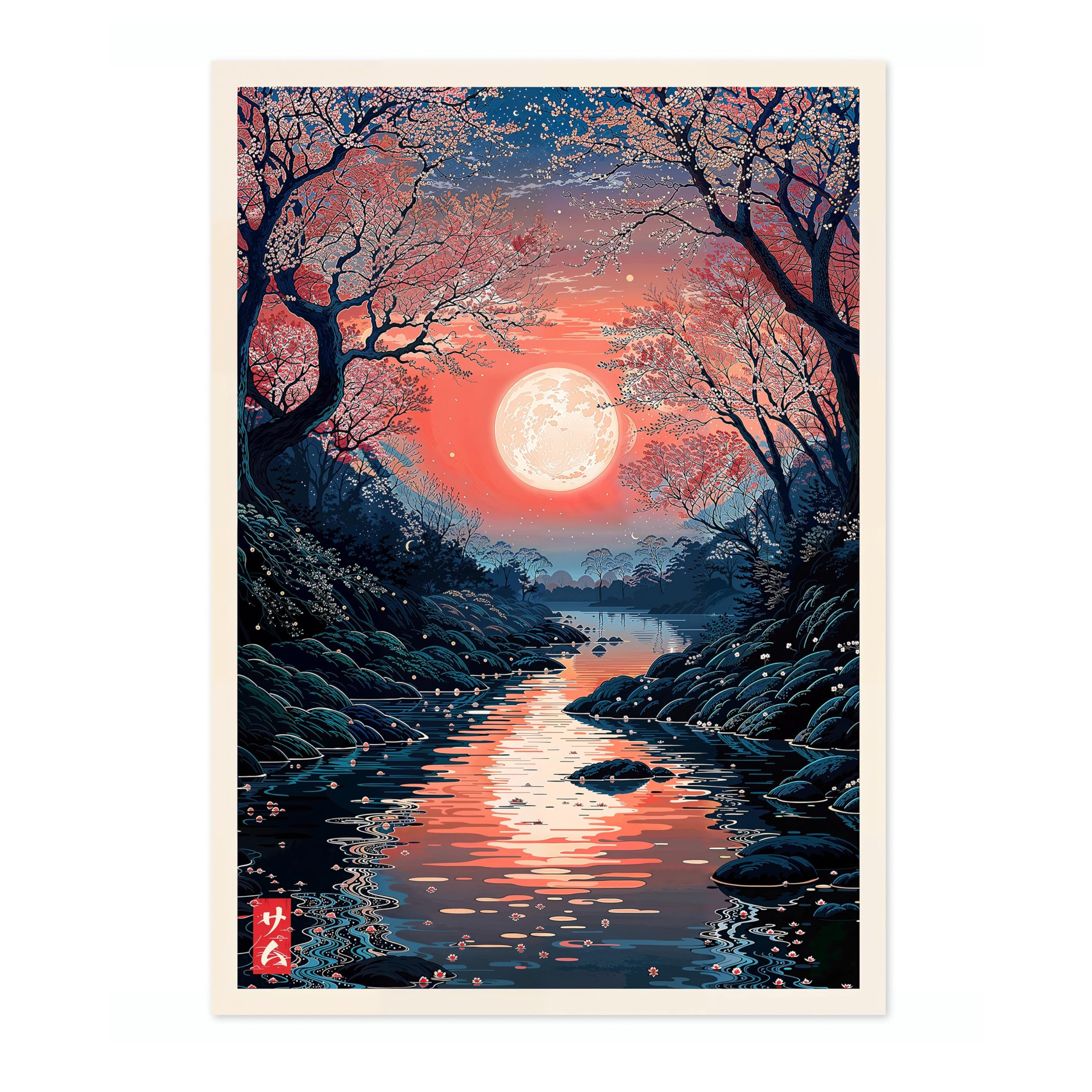 Red Moon, Cherry Blossom Anime Woodblock Poster Modern Ukiyo-E, Japanese Cartoon Illustration Print, Archival Matte, A3 (Print Only) - 42x29.7cm