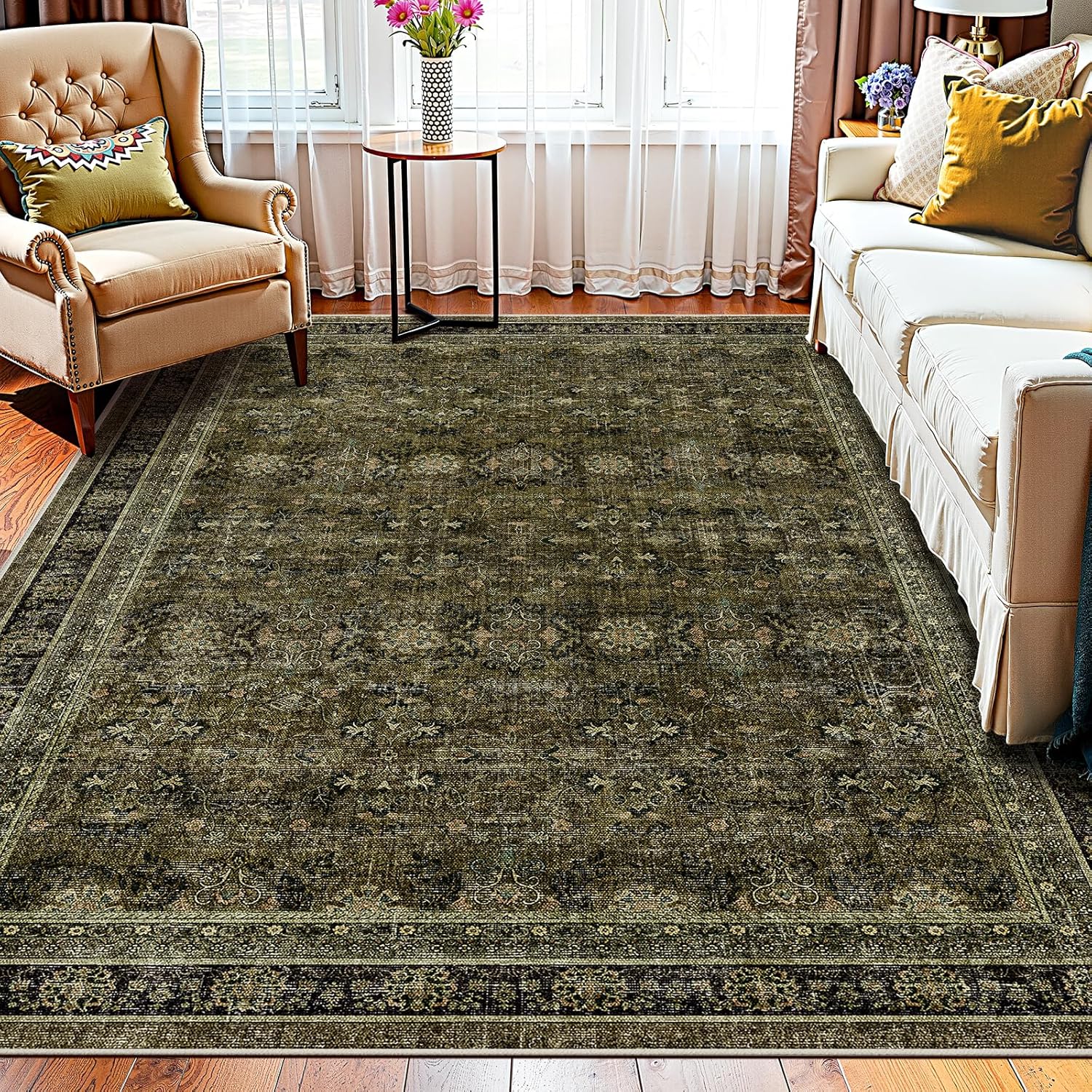 WITSHOCK Olive 7x9 Area Rugs for Living Room: Boho Modern Vintage Traditional Oriental Neutral, Washable Low Pile Non-Slip Brown Carpet for Living Room Bedroom, Nursery Kids Playroom Indoor Decor 7' x 9' (Rectangular) Olive Green&brown