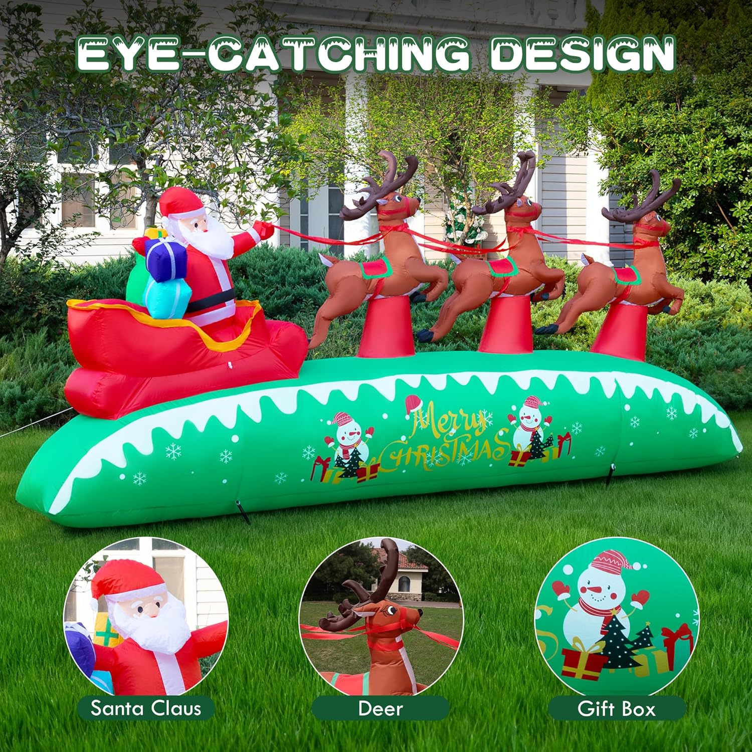 12FT Long Christmas Inflatables Outdoor Decorations, Giant Blow Up Yard Decorations Santa Sleigh and Reindeer with Built-in Super Bright Energy Saving LEDs for Garden Lawn Xmas Decor