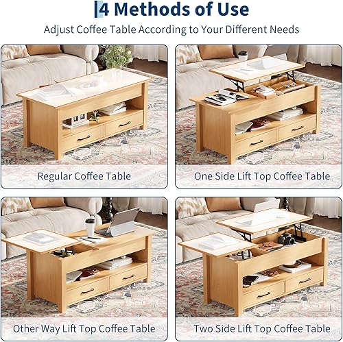 Miniatura 7 de Garvee Mesa de centro elevable con almacenamiento, mesa auxiliar de madera para sala de estar, 2 cajones, compartimento oculto y estante abierto,