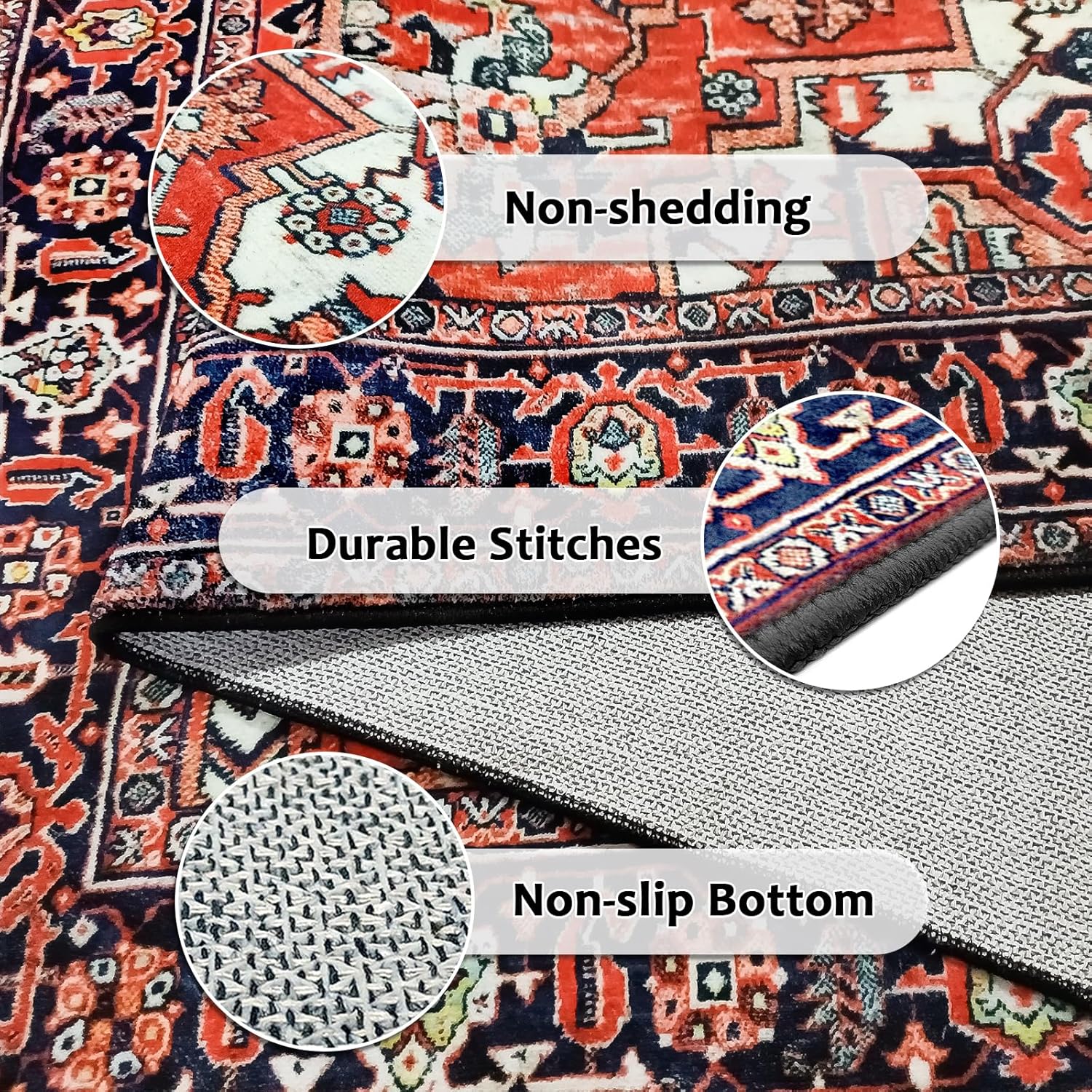 Area Rugs 3'x5' Washable, Non-Slip Distressed Vintage Carpet Entry Rug, Ideal for Enteryway, Living Room Bedroom Dining Room, Brick Red Low Pile Rug - Image 4