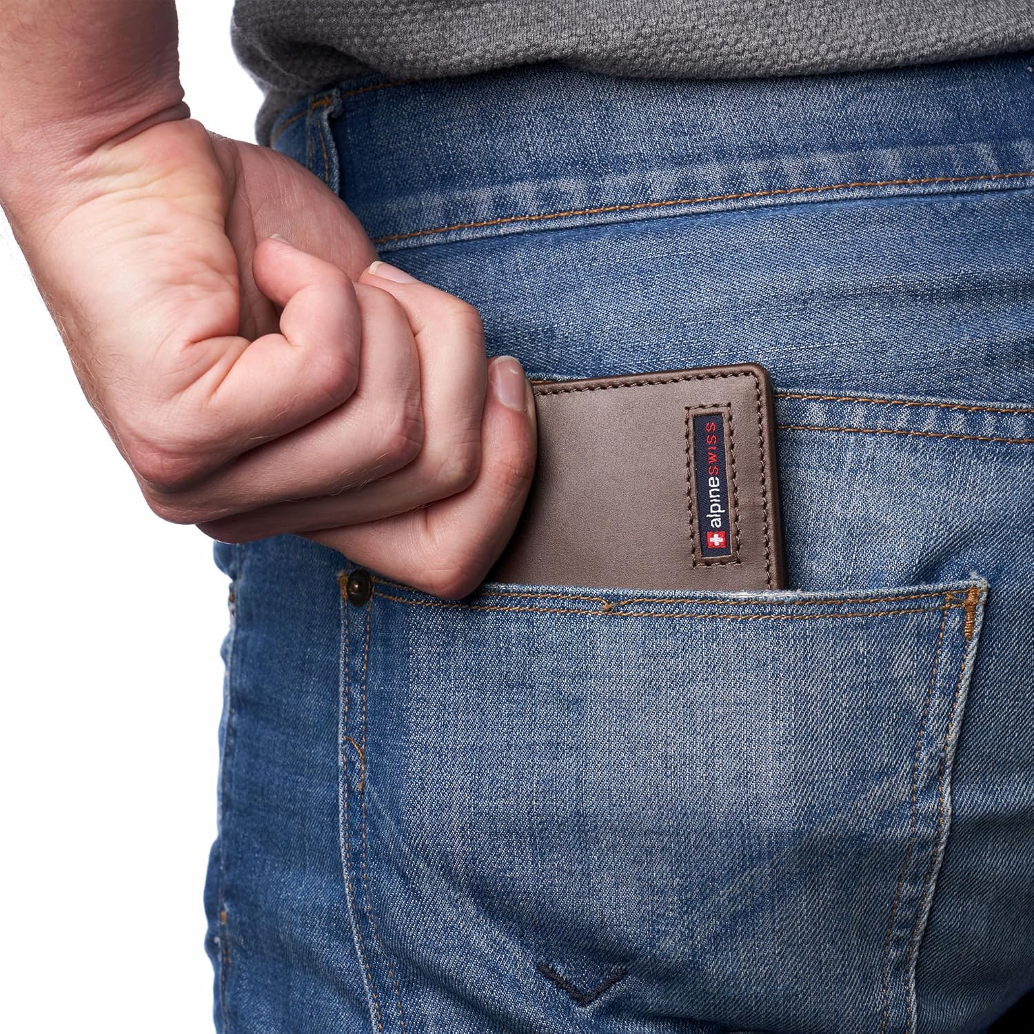 Alpine Swiss Wallet for Men Nolan Commuter Bifold Dual ID Windows for License Work Badge RFID Protection Divided Bill Section Gift Boxed Glossy Nappa Brown - Image 5