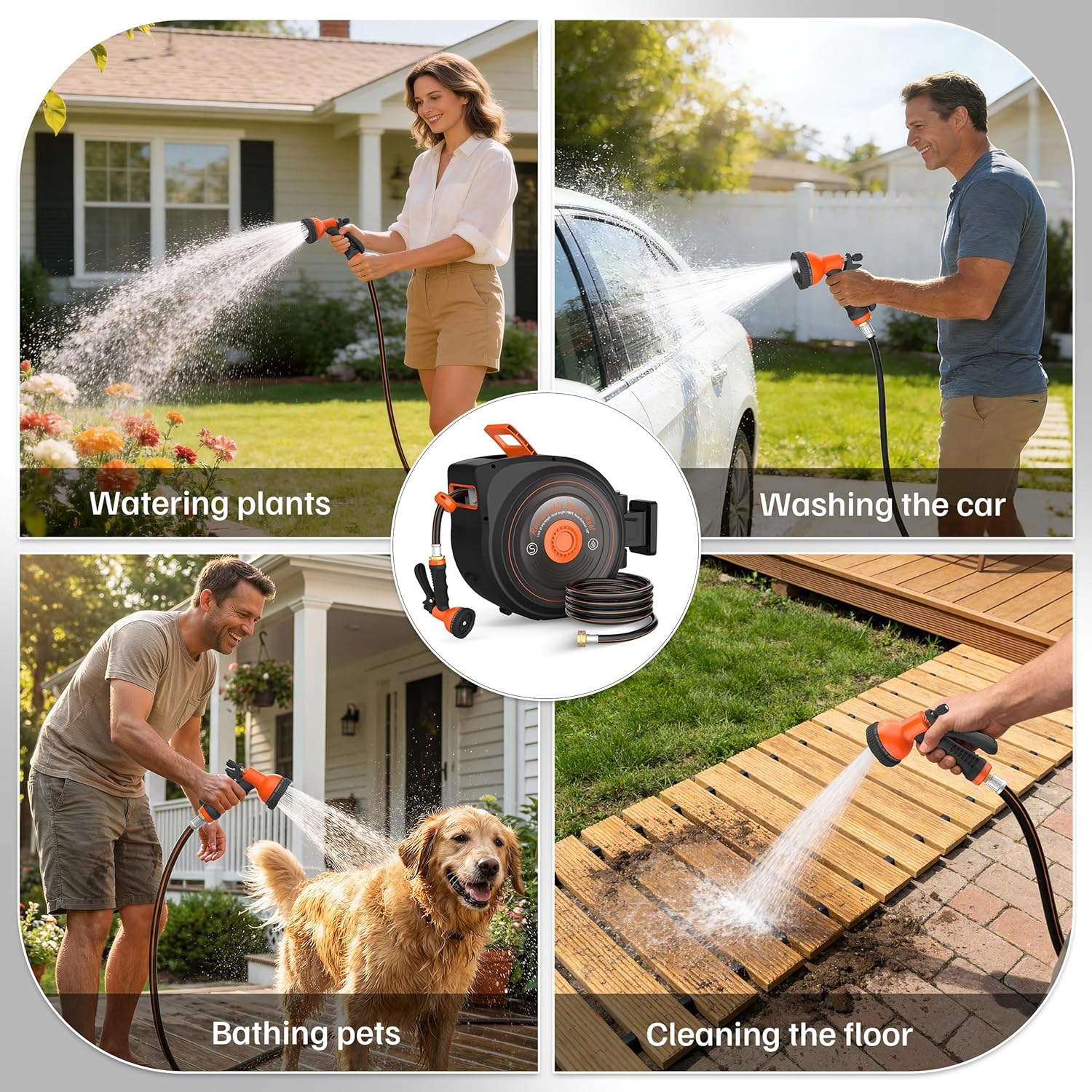 Mars Villa Retractable Garden Hose Reel 1/2 IN x 65 FT, Wall Mounted Heavy Duty Water Hose for Outside, Auto-Rewind & Any Length Lock, 180° Swivel Bracket, Slow Return, 10 Spray Patterns, UV-Resistant