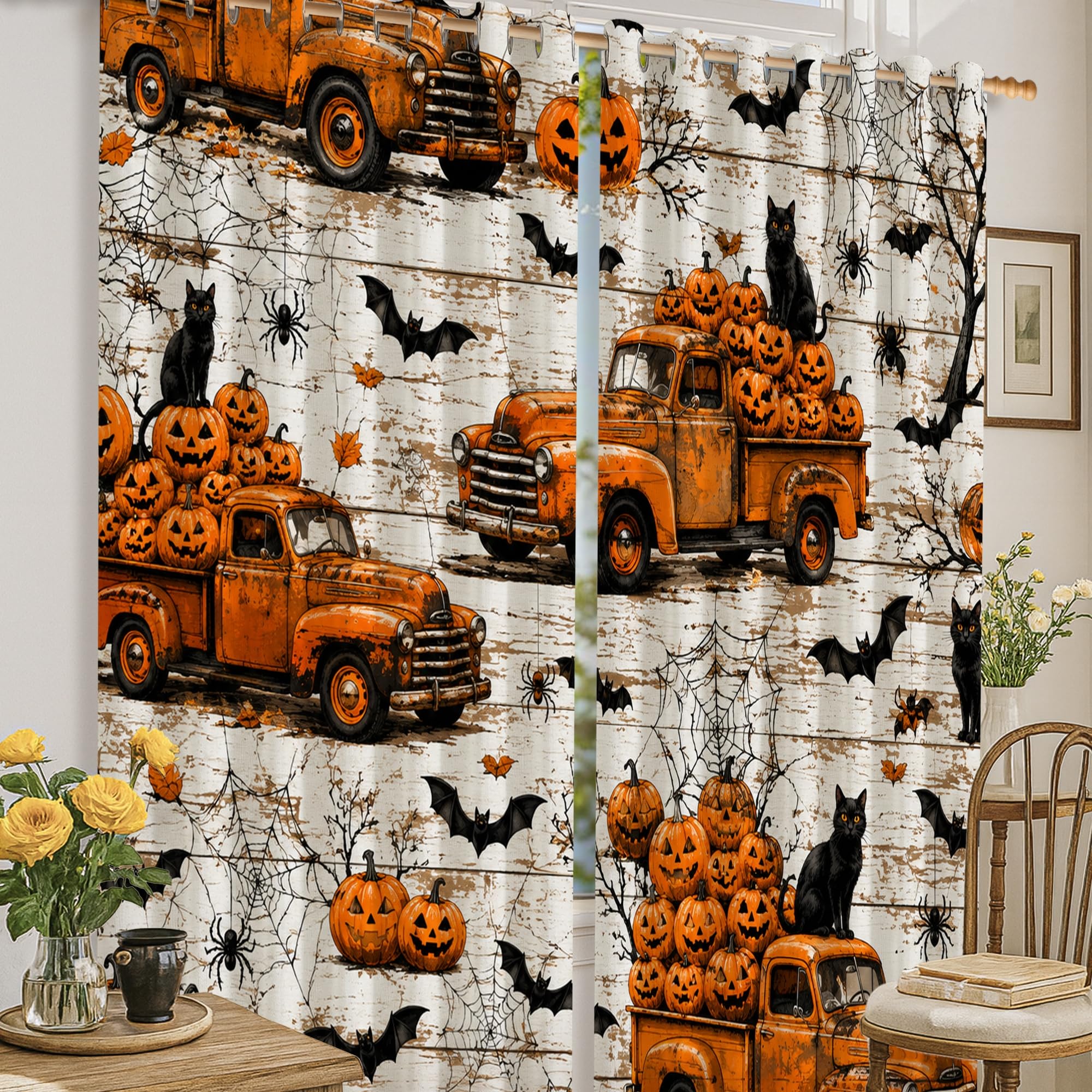 Rideaux occultants motif citrouilles orange pour décoration de salon et cuisine en 132 x 160 cm
