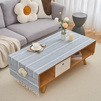 Rectangular Coffee Table Covers for Living Room Striped Embroidered Tablecloth Linen Coffee Table Cloth with Pockets and Tassels Washable Fabric for Kitchen Housewarming Home Decor 2471 Inches Gray
