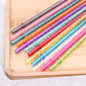 Dakoufish 9 inch Reusable Clear Plastic Swirl Drinking Straws for 12 oz 16 oz Mason Jar,Tumblers, Set of 12 Replacement Straws with Cleaning Brush (9 inch,12color)