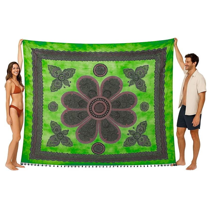 o-day Telo Mare Matrimoniale Cotone Etnico - Telo Mare Grande 240x220cm - Coperta Da Spiaggia XXL Artigianale Multifunzione (Fiori in Volo, Verde Salvia)