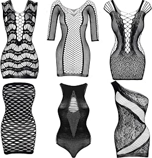 6 Pièces Lingerie en Maille pour Femmes Nuisette en Résille Mini Robe Vêtements de Nuit en Maille