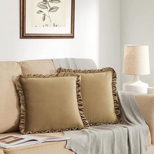 GIGIZAZA Paquete de 2 fundas de almohada decorativas de terciopelo color chocolate con volantes de 20 x 20 pulgadas, color marrón claro para sofá