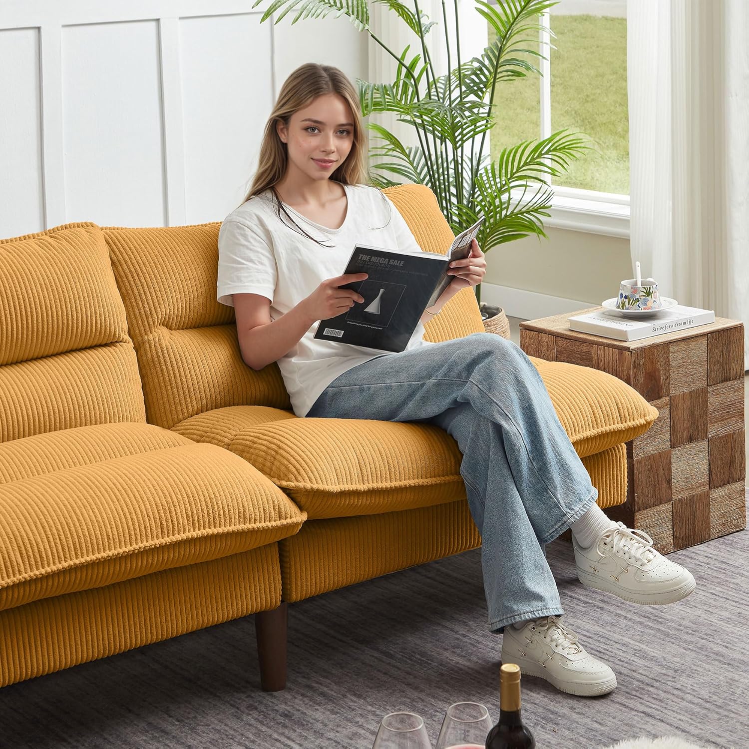 Convertible Futon Sofa Bed, 72" Loveseat Couch with 3-Level Adjustble Backrest, Modern Futon Loveseat Sofa for Living Room Apartment, Yellow
