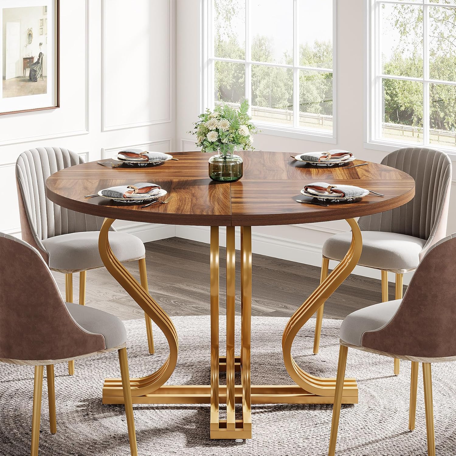 Tribesigns 47-Inch Round Dining Table for 4, Farmhouse Wood Kitchen Table with Gold Metal Base, Circle Dinner Table Dining Room Table for Kitchen, Living Room, Rustic Brown