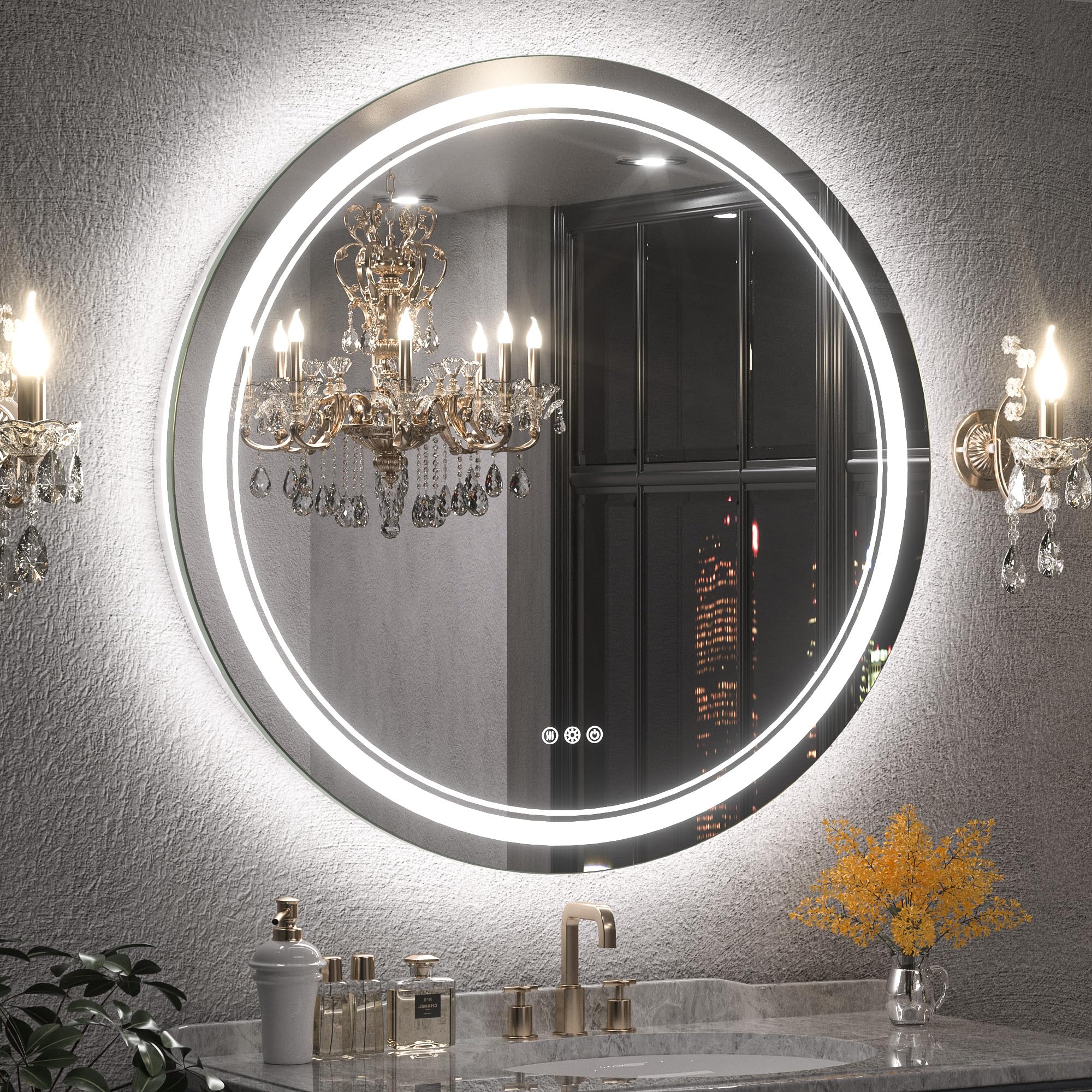 Keonjinn 36 Inch Round LED Mirror for Bathroom Frontlit & Backlit, UL Listed LED Driver, Stepless 3 Color Lights Dimmable Anti-Fog Frameless Circle Lighted Mirror Wall Mounted Vanity Mirror CRI 90+