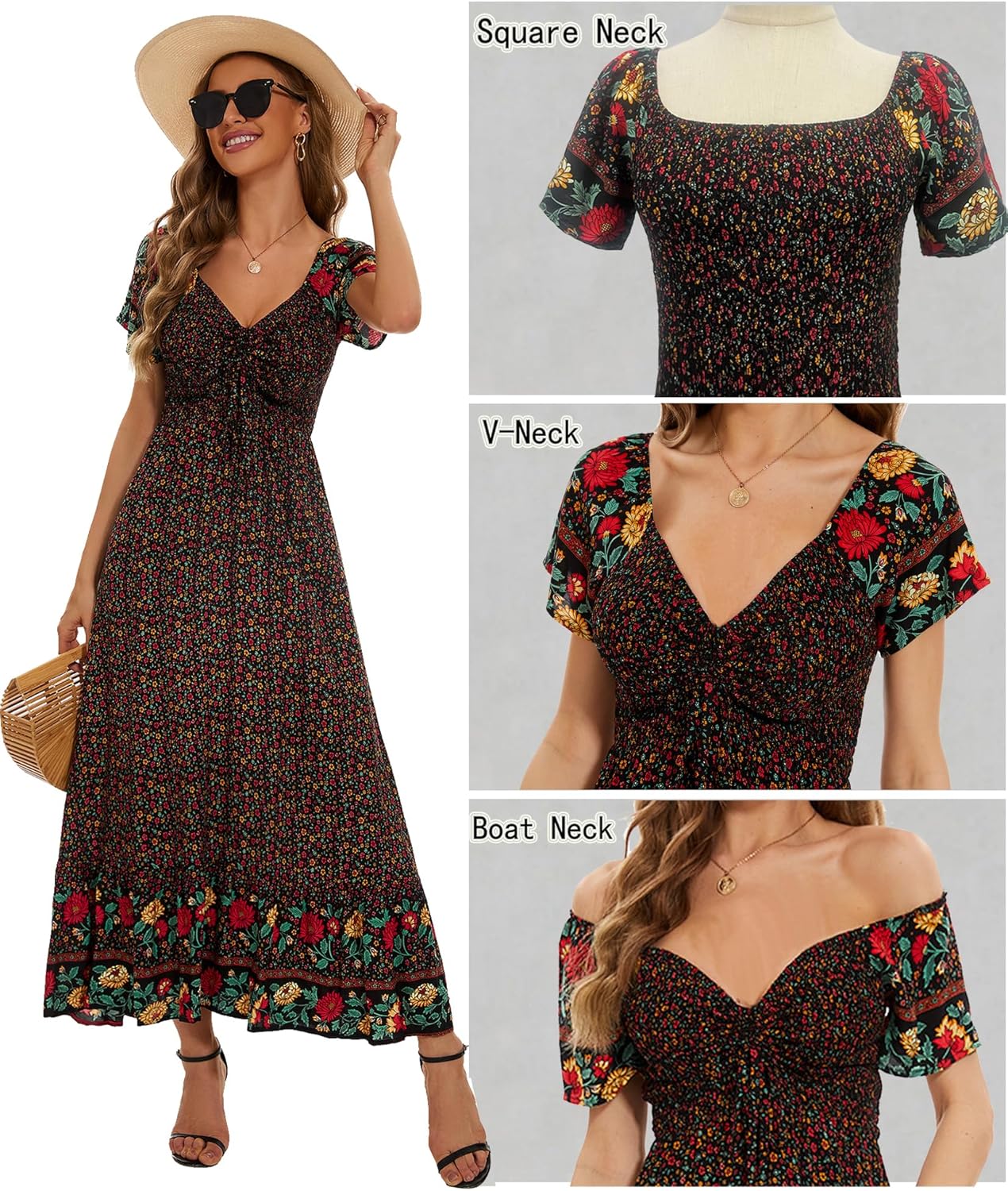 Women's Summer Floral Maxi Dress Casual Short Sleeve Flowy Boho Beach Party Long Dress - Image 3