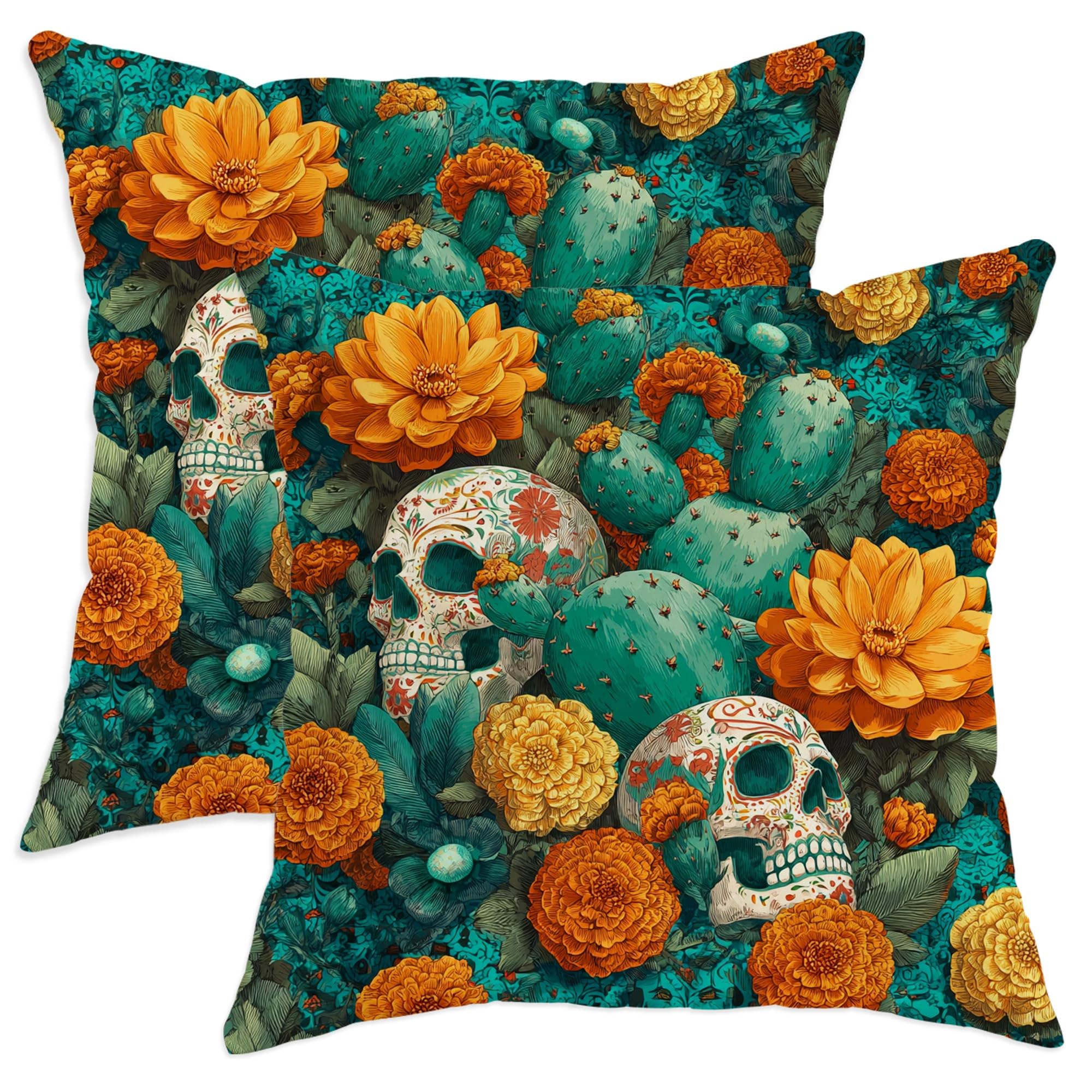 Skull and Cactus Throw Pillow Covers Set of 2, Vibrant Green Marigold Floral Cushion Cases, Day of The Dead Decorative Pillows for Living Room Sofa Home Decor 18x18 Inch