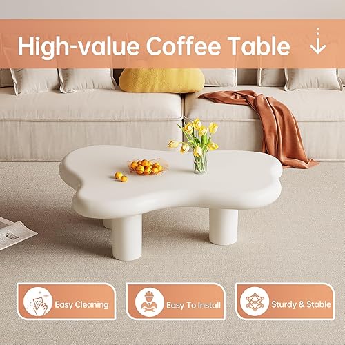 Miniatura 5 de Mesa auxiliar blanca crema, mesa central baja de forma irregular, mesa auxiliar única para sala de estar, estilo nórdico moderno, lindo, mesa