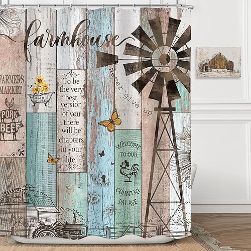 Omifly Cortina de ducha rústica de 60 pulgadas de ancho x 72 pulgadas de alto, puerta de granero vintage occidental, cita inspiradora, tablón de