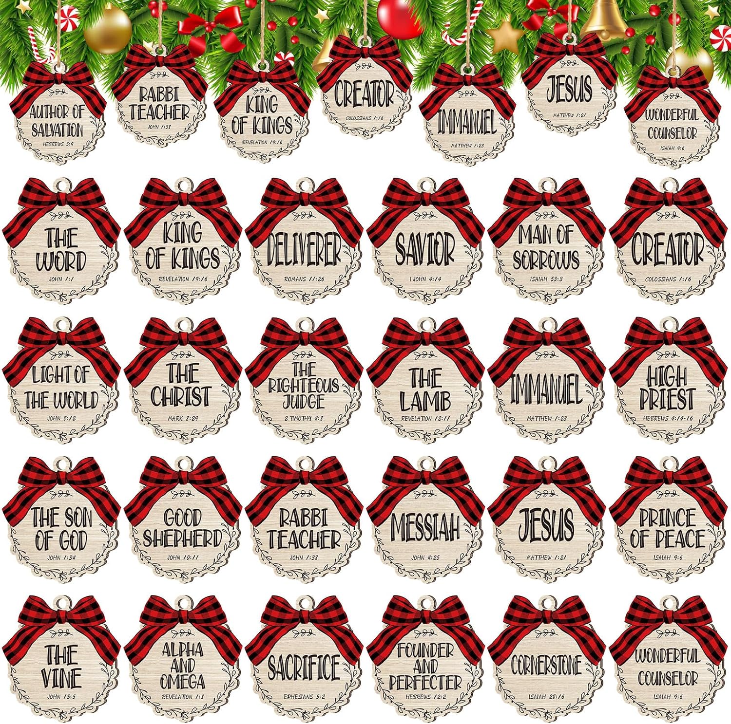 Soaoo 50 Pcs Names of Jesus Ornaments 3 Inch Christmas Religious Decoration Christ Ornaments Christmas Wood Hanging Decoration with Savior Names and Red Buffalo Plaid Bows Decor (Beige,Classic)
