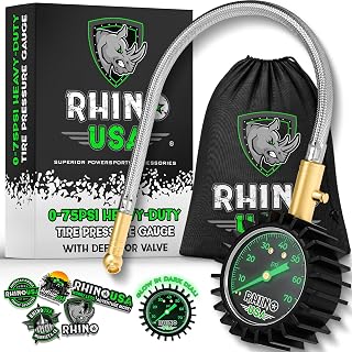Rhino USA Heavy Duty Tire Pressure Gauge 0-75 PSI - ANSI B40.1 Certified Accurate, Glow Dial, Braided Hose for Cars, Trucks, Motorcycles, RVs