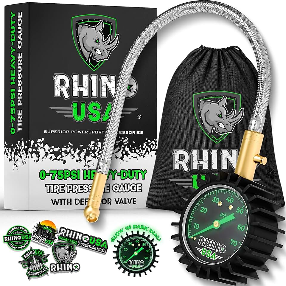 Rhino USA Heavy Duty Tire Pressure Gauge (0-75 PSI) - Certified ANSI B40.1 Accurate, Large 2" Easy Read Glow Dial, Premium Braided Hose, Solid Brass Hardware, Best for Any Car, Truck, Motorcycle, RV