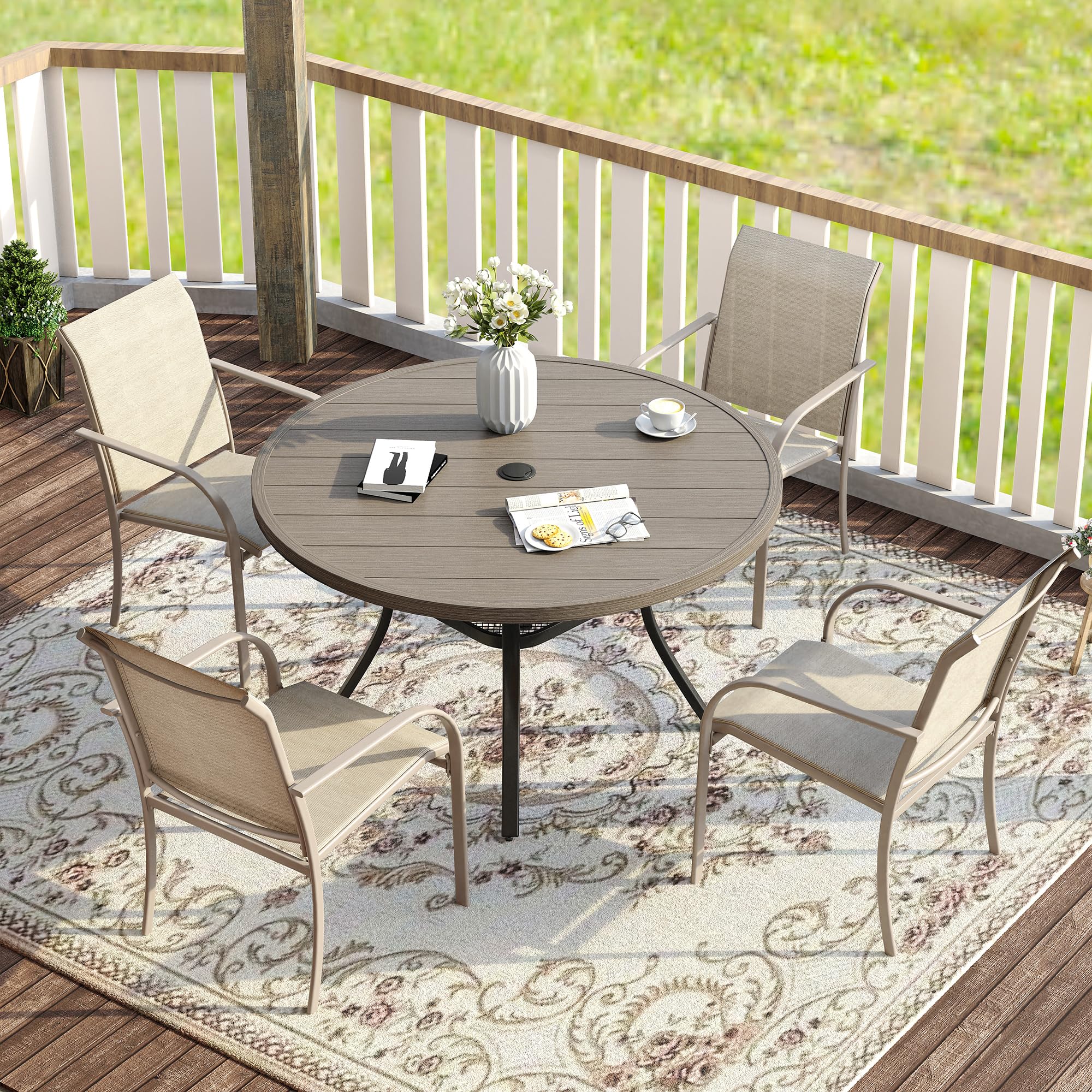 VICLLAX 5 Pieces Patio Dining Set for 4, Outdoor Furniture Set Includes 40.7" Round Patio Table and 4 Patio Stackable Chairs, Grey Wood Grain Tabletop and Sandshell Fabric