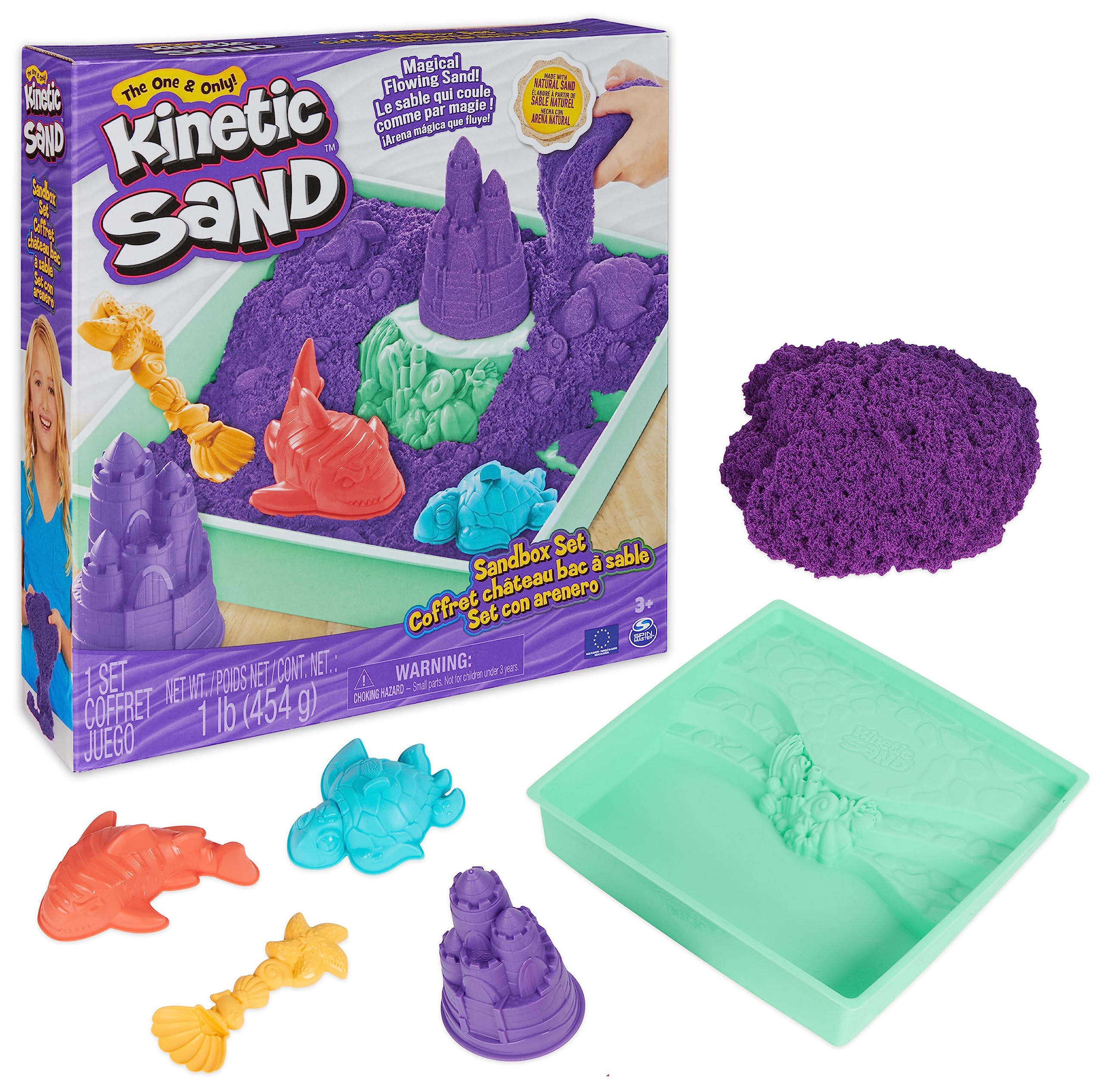 KINETIC SAND - ARENA MÁGICA - SET SANDBOX - Set con Arenero Niños, 454g de arena morada y 4 accesorios - Kit Manualidades Niños - 6067477 - Juguetes Niños 3 Años +
