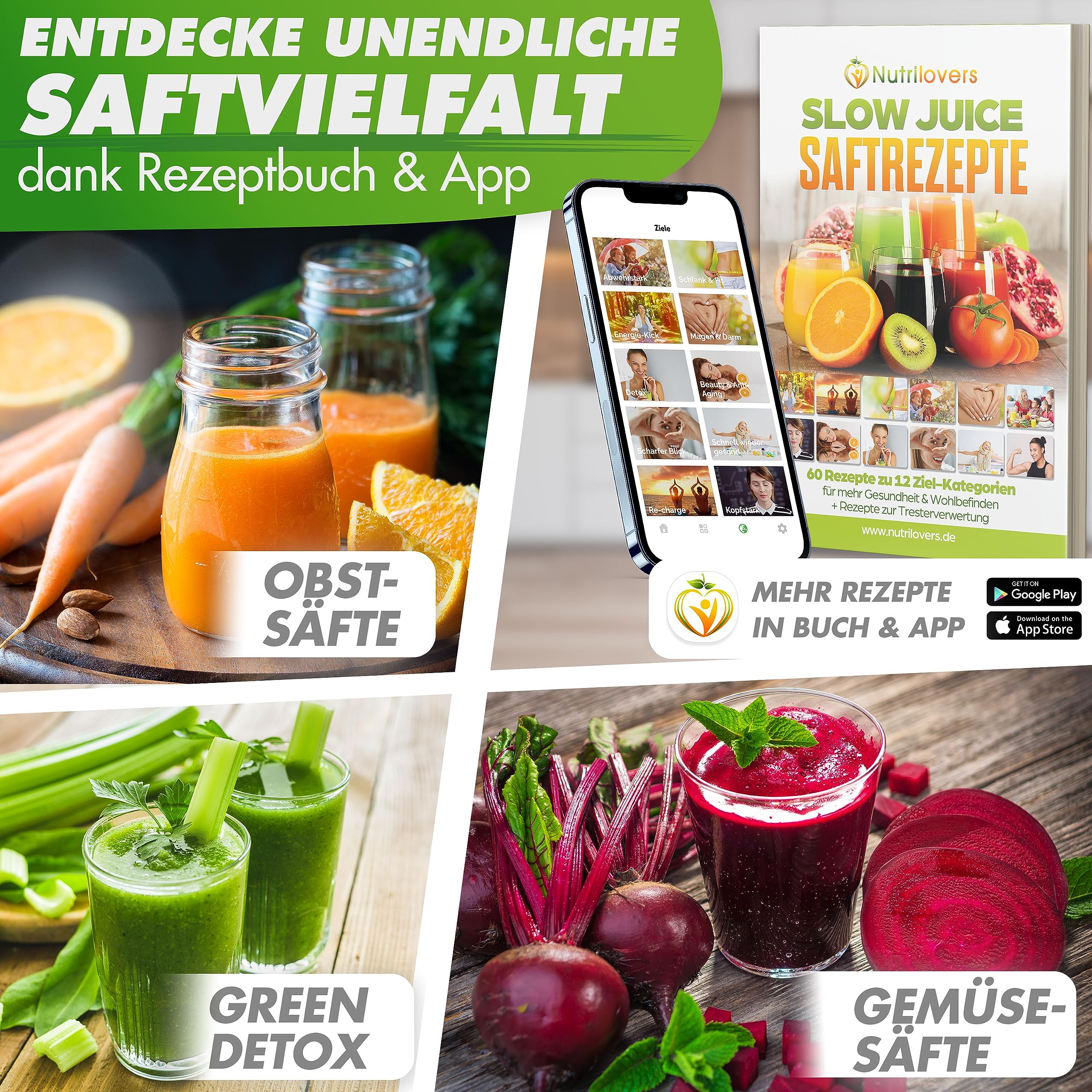 Nutrilovers Slow Juicer GREEN-PRESS EDELSTAHL Schnecke DEUTSCHE MARKE Ganze Früchte entsaften Sellerie Gemüse und Obst Entsafter Testsieger Allrounder Saftpresse elektrisch
