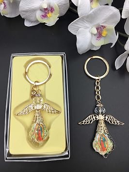 12 Gold Lady Guadalupe Angel Key Chain Crystal Baptism, First Communion, Confirmation, Party Pack