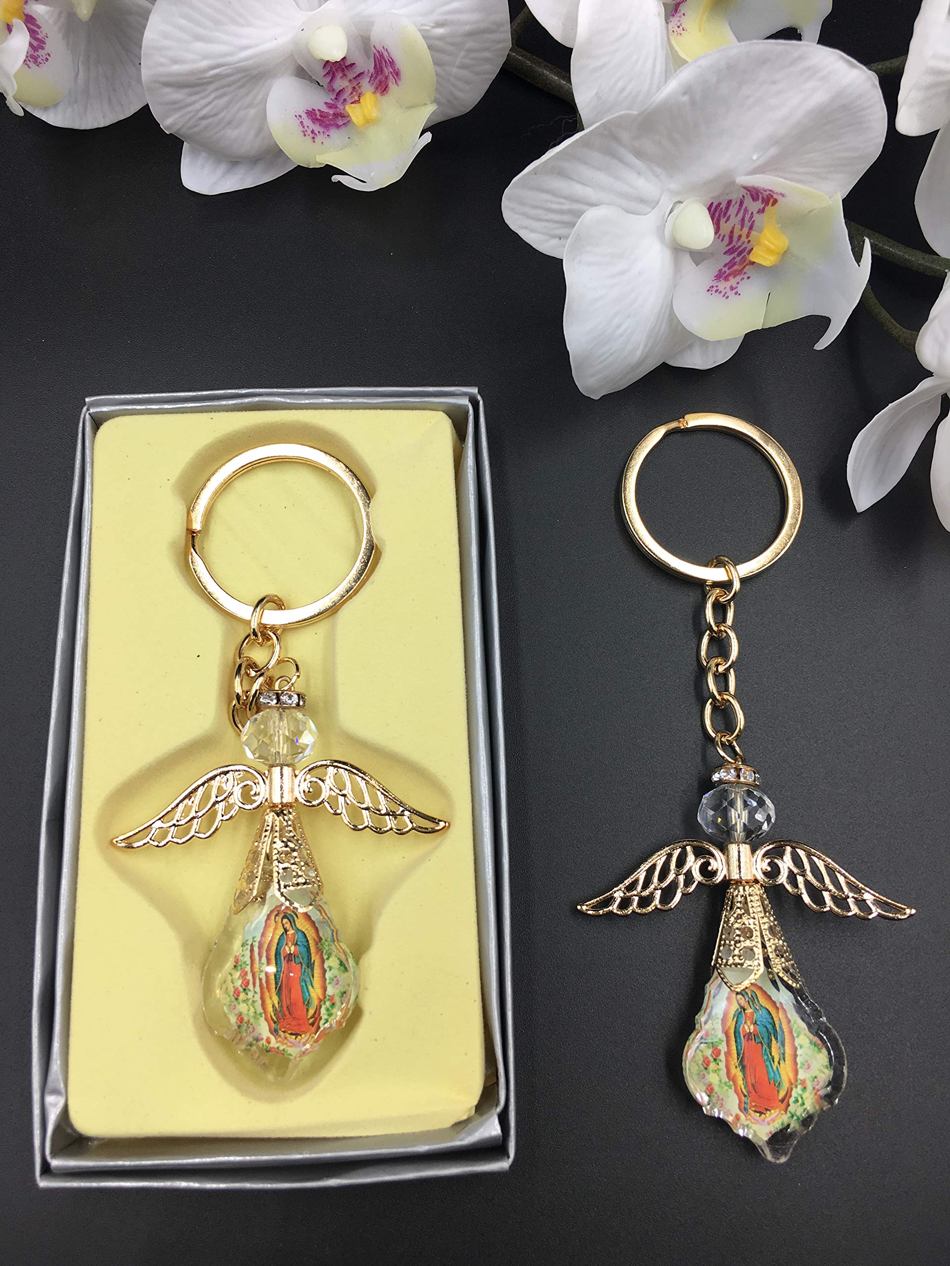 12 Gold Lady Guadalupe Angel Key Chain Crystal Baptism, First Communion, Confirmation, Party Pack