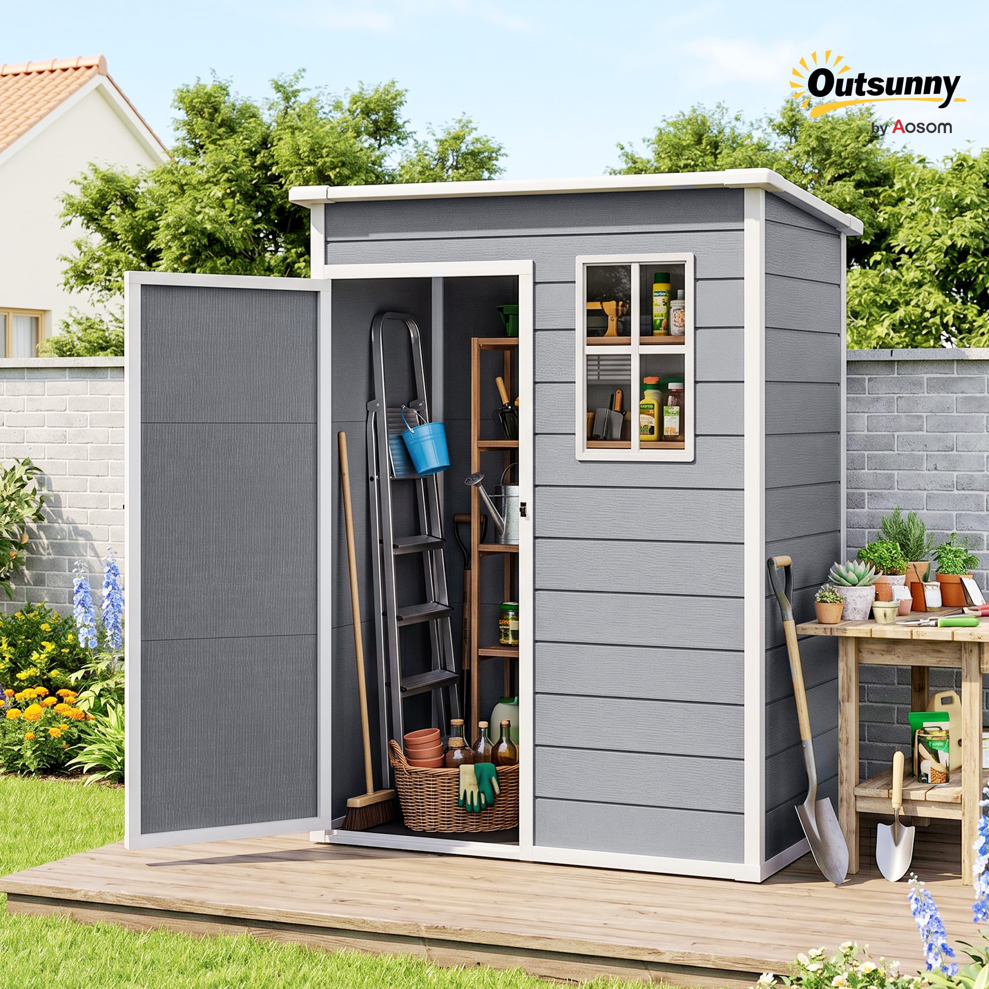 Outsunny Gerätehaus Kunststoff 1,14m² 151 x 92 x 193cm Geräteschuppen mit Pultdach Boden Fenster Abschließbarer Tür wetterfest Gartenhaus Outdoor Garten Schuppen für Hinterhof Grau | Mit Boden, Mit Fenster, Abschließbare Tür, Wetterfest, Geräteschuppen, G