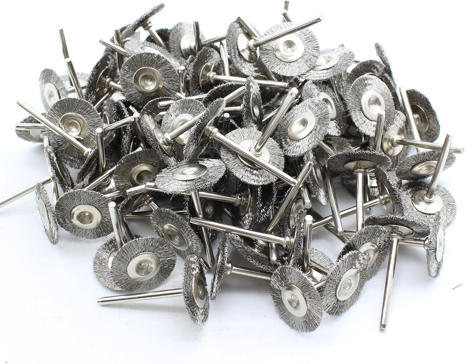 TMAX 100 pc Stainless Steel 3/4 Inch Flat Wire Brush Wheel with 1/8 Inch Shank for Dremel Rotary Tools