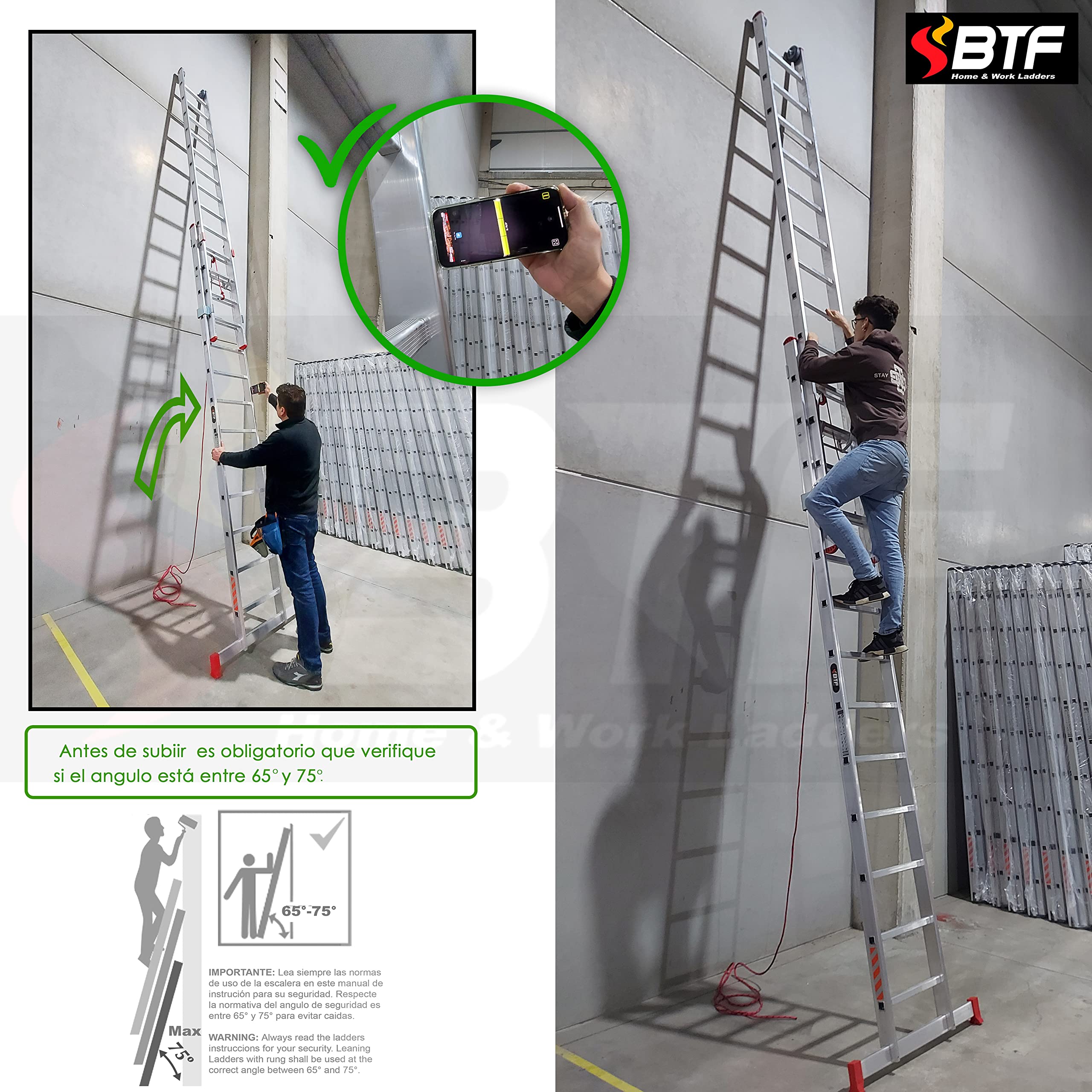 BTF Escalera de Mano Profesional de Aluminio 2 Tramos x 11 Peldaños, Extensible por Cuerda, Altura Extendida 5,6m, Barra Estabilizadora | Uso Profesional, Carga 150kg, Norma EN131. Ref: BTF-EDEAC8035