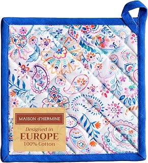 Maison d' Hermine Pot Holders 100% Cotton Heat Resistant Potholders 8" x 8" Hot Pads with Loop BBQ, Cooking, Baking, Grilling, Kitchen, Handling Hot Pans Spring/Summer (Pack of 1, Indian Floral)