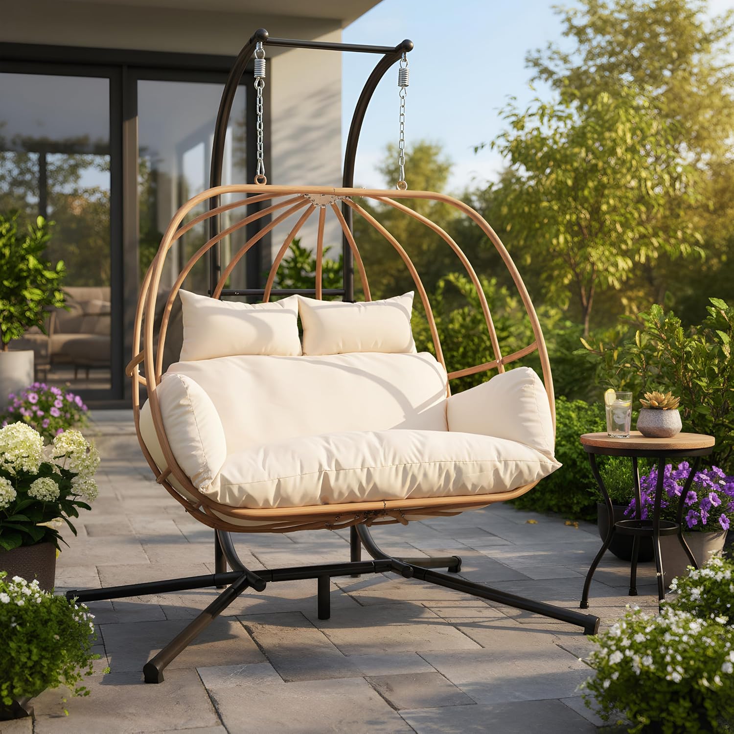 Double Egg Swing Chair with Stand, Oversized Egg Chair Outdoor Indoor, Hanging Swing Chairs with Cushions, Extra Large 2-Person Swing Chairs for Balcony, Porch, Garden, Beige
