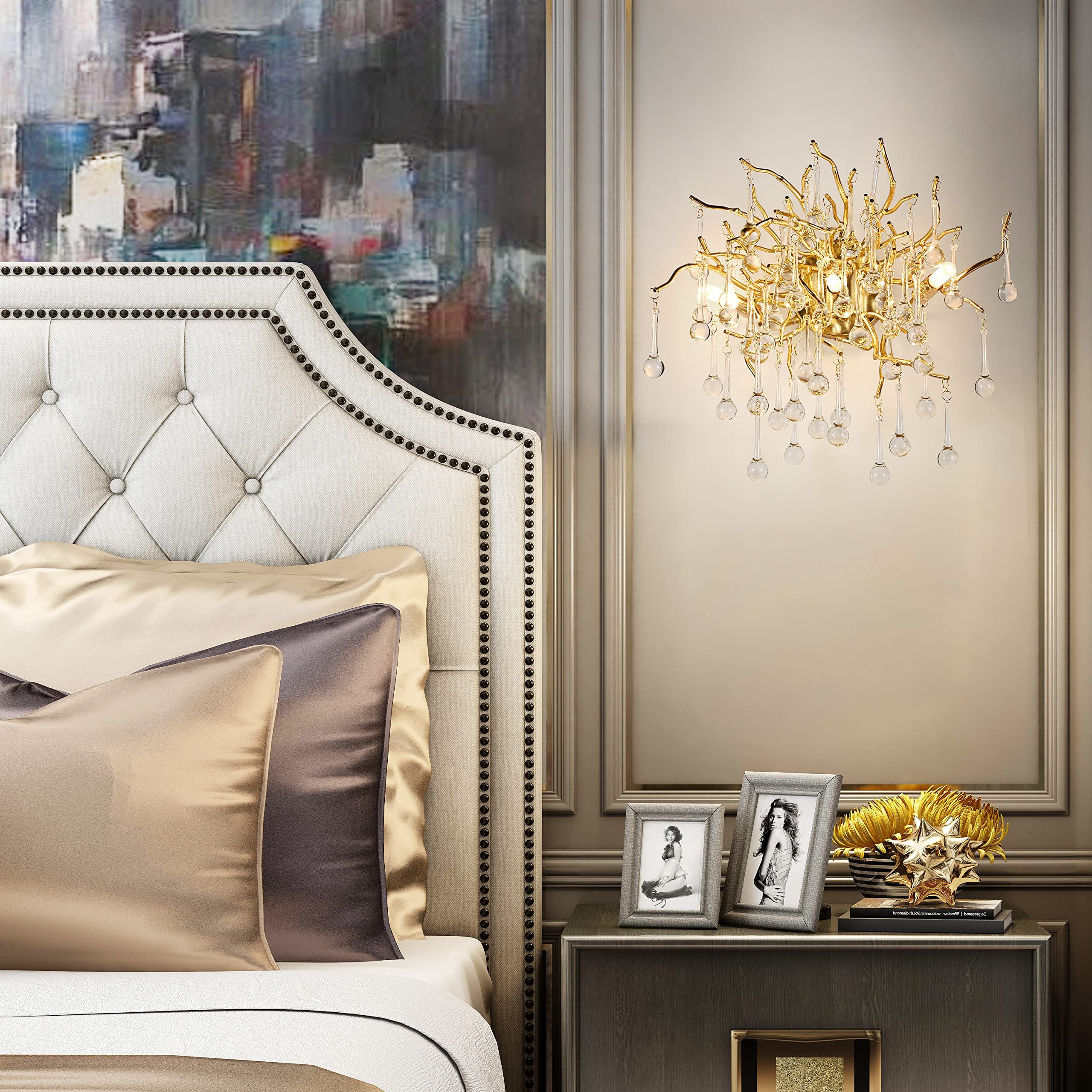 DHFHFMDCJDNN Gold Crystal Wall Sconce,European Style Wall Light Fixture with Crystal Small Raindrops,Modern Wall Sconces Lighting for Living Room,Bathroom,Bedroom