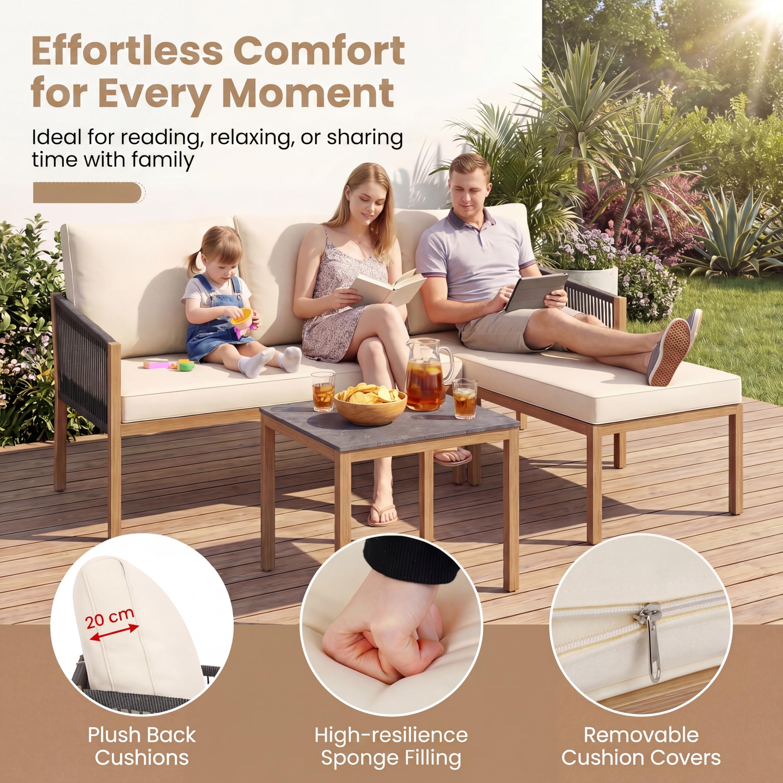 GIANTEX Conjunto de Muebles de Jardín de 3 Piezas, Set de Sofá de 2 Plazas, Tumbona y Mesa Cuadrada con Cojines de Fundas Desmontables, Marco de Metal, Tablero Efecto Mármol, para Terraza, Patio