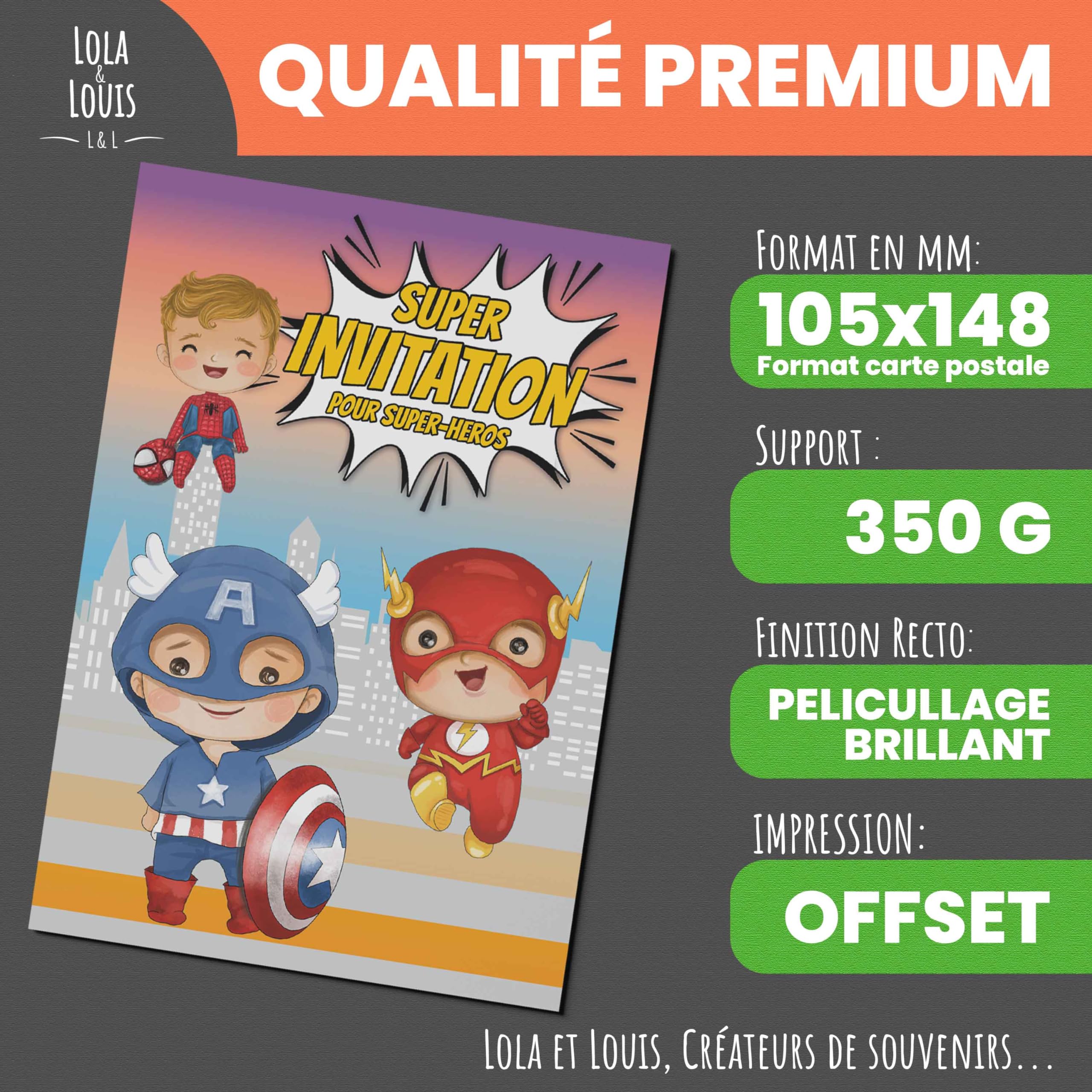 Lola Et Louis Superhelden-Geburtstagseinladungen Auf Französisch – 10 Karten + Umschläge, Spiderman, Batman & Mehr