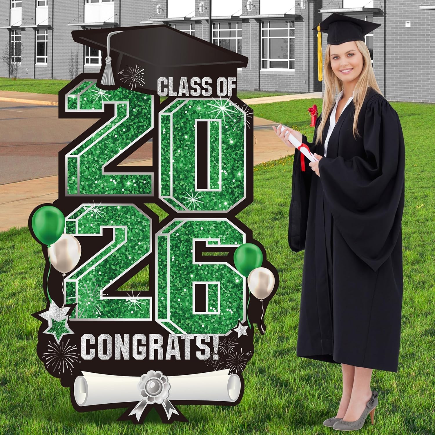 2026 Extra Large 47.2 Inch Graduation Yard Sign Congrats Grad Lawn Decor Class of 2026 DIY Name Yard Sign with Metal Stakes for College High School Grad Outdoor Party Supplies, Green