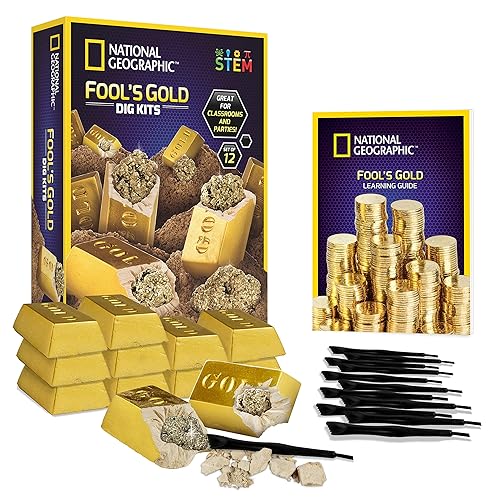 National Geographic Fool’s Gold Dig Kit – 12 Gold Bar Dig Bricks with 2-3 Pyrite Specimens Inside, Party Activity with 12 Excavation Tool Sets, Great Stem Toy for Boys & Girls or Party Favors