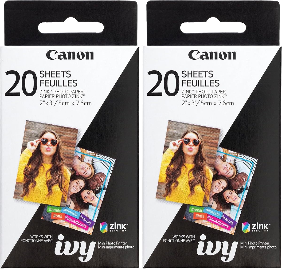 Papel fotográfico Canon, 2" x 3", 20 hojas | Tecnología ZINK | Papel adhesivo | Paquete de 2