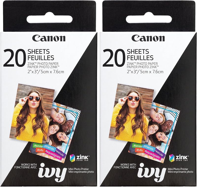 Papel fotográfico Canon, 2" x 3", 20 hojas | Tecnología ZINK | Papel adhesivo | Paquete de 2