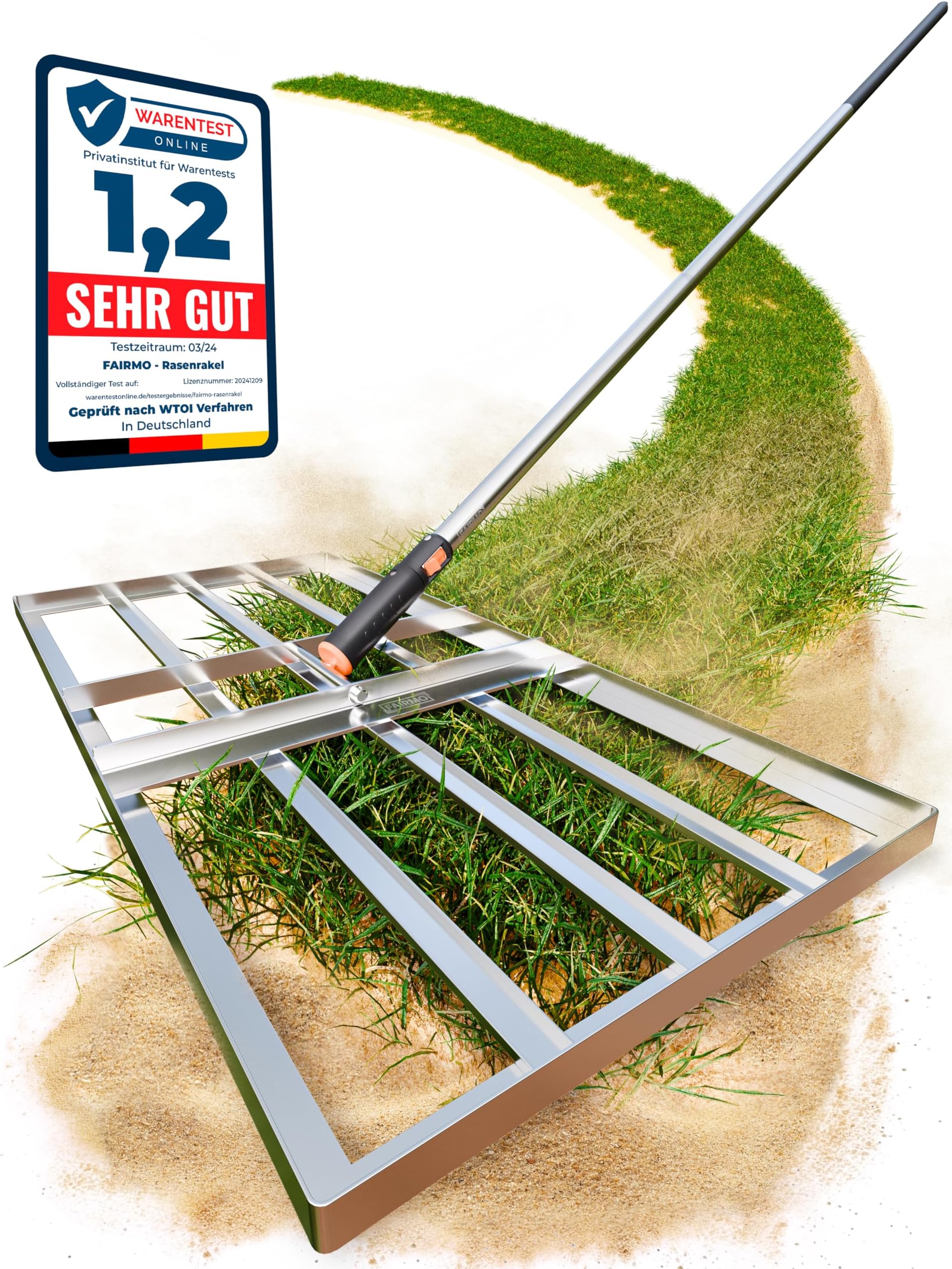 Wiltec Aluminium Rasenrakel 91,4 x 25,4 cm mit 2 m Stiel, Rasen Rakel