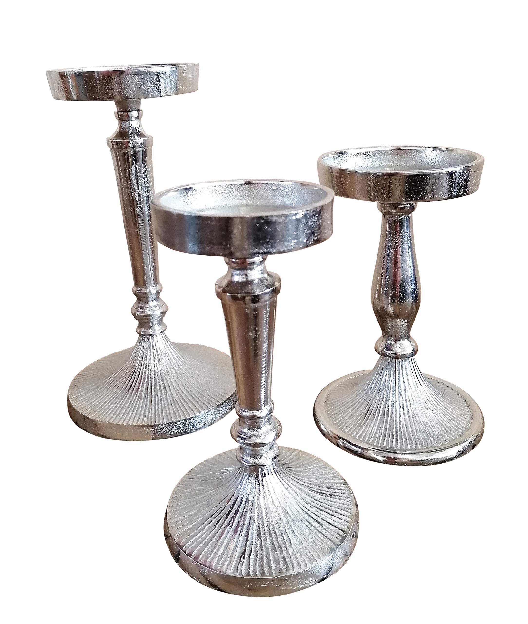 MichaelNoll Kerzenständer 3er Set Kerzenhalter Aluminium Silber - Kerzenleuchter Modern für Stumpenkerzen - H 17,5 cm / 18,0 cm / 23,5 cm