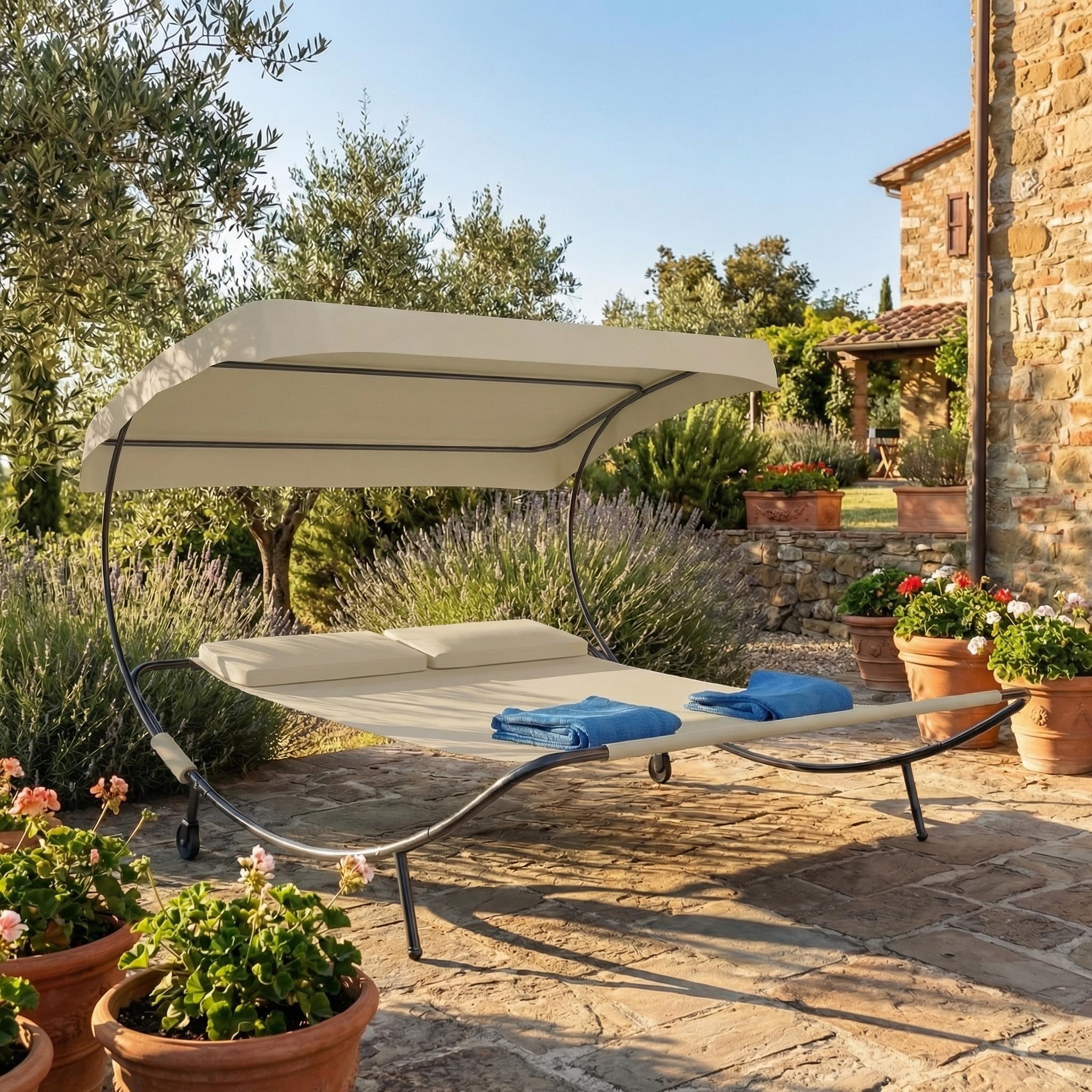 VCM Doppelliege mit Sonnendach, 180x200 cm, Gartenliege für 2 Personen, modernes Design, stabile Metallkonstruktion, Outdoor Relaxliege - Bindox