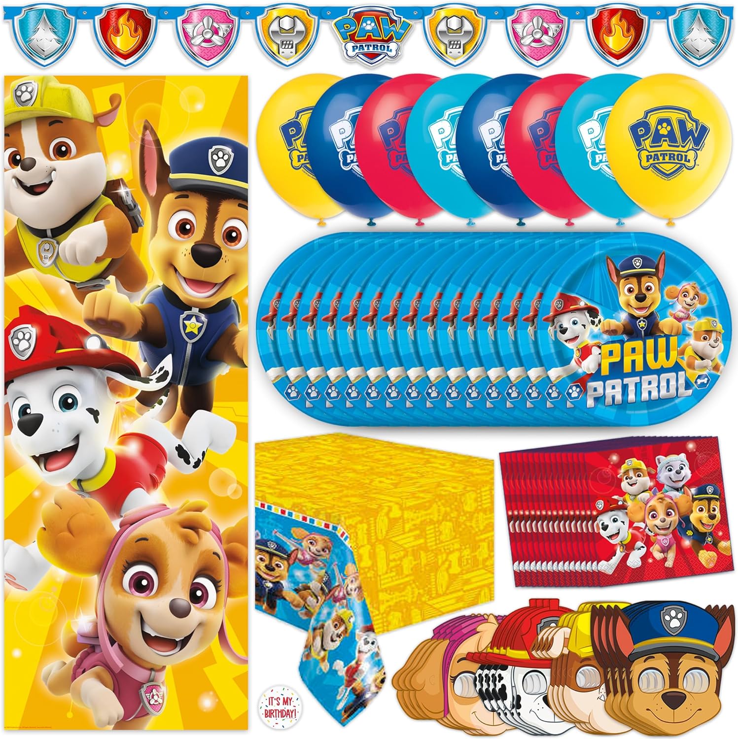 Paw Patrol Birthday Decorations | Serves 16 | Door Poster, Banner, Balloons, Tablecloth, Plates and Napkins, Character Masks, Sticker | Paw Patrol Party Decorations